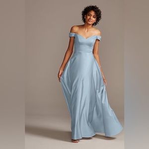 off-shoulder satin a-line bridesmaid dress